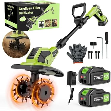 Portable electric cordless tiller cultivator set with 21V batteries, charger, and garden tools.