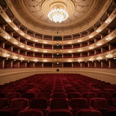 A wide-angle interior view of a prestigious global opera house like the Metropolitan, with rows of velvet seats and ornate architecture. The colors feature rich reds and warm sands (#6B242D and #DDCBC0) under a brilliant chandelier.