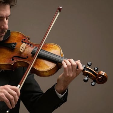 Close-up of a professional musician's hands playing a violin with precision, deep taupe background, soft dramatic lighting, Southern European / Spanish professional environment.