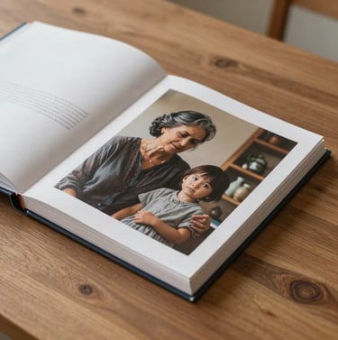 A lifestyle shot of a printed photography album lying on a wooden table. One page shows a cinematic portrait of a grandmother and child in a warm interior. Soft lighting, neutral sand and deep charcoal accents.