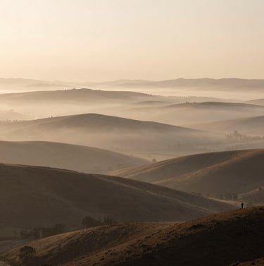 A wide, breathtaking landscape of rolling hills at dawn, shrouded in a soft #F5F0E1 mist with deep #6F604F earthy tones in the foreground. Very cinematic.