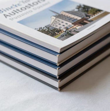 Close-up of a stack of academic journals and architectural books on a clean soft linen white surface, soft shadows, sophisticated and academic atmosphere.