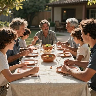A candid shot of a family sharing a meal outdoors in a North American / US patio setting. The scene is sun-drenched with soft sand table linens and terracotta ceramic plates. Cinematic, authentic interaction.