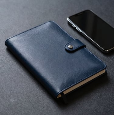 A minimalist workspace featuring a high-quality leather notebook and a sleek mobile phone, emphasizing a clean and professional branding aesthetic with dark navy tones.