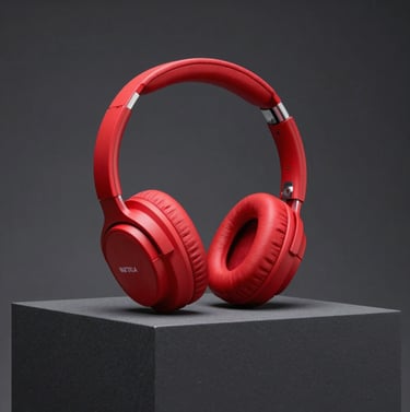 Commercial product photography of red high-end headphones on a dark gray pedestal, North American studio style, clean lines, and a minimalist aesthetic with sharp focus.