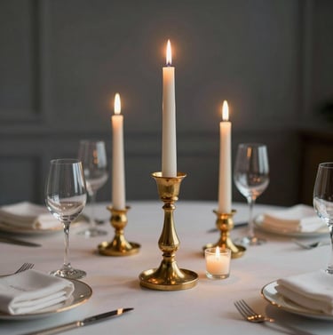 Close-up of an elegant table setting at a luxury event in Spain, soft gold candlelight, deep grey background, sophisticated aesthetic.
