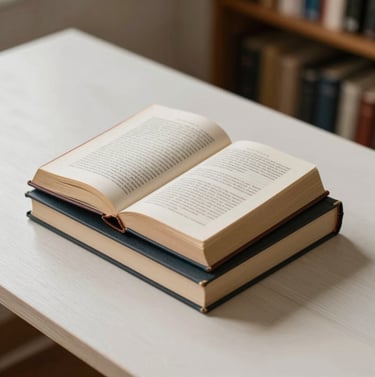 A beautifully bound collection of books written by Elizeu Mol resting on a pristine off-white wooden table in a South American / Brazilian study, soft natural light.
