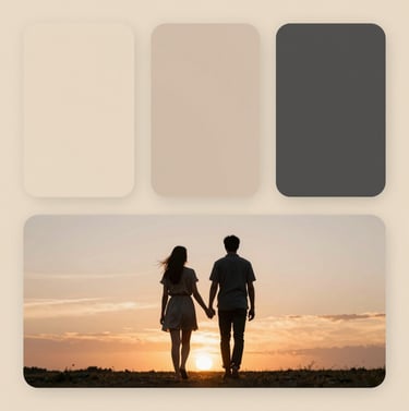 A full-length cinematic shot of the couple walking away from the camera toward a sunset horizon. They are holding hands, silhouettes slightly glowing from the backlighting. The mood is peaceful and reflective. Brand colors Soft Sand (#F8F0E3) and Charcoal (#333333) are present in the sky and shadows.