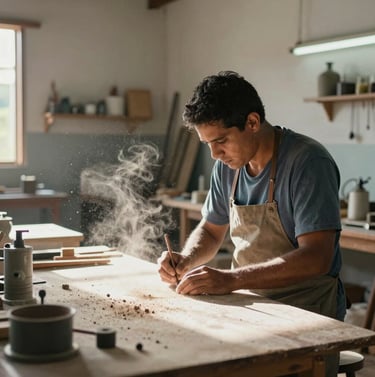 Cinematic wide shot thumbnail for a documentary, an artisan working in a sun-drenched Brazilian workshop, dust motes in the air, steel blue-grey and off-white tones.