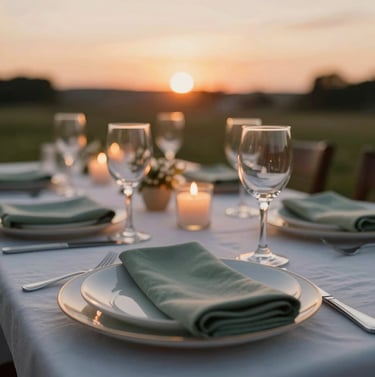An authentic, candid shot of a sunset dinner table with mist white plates and sage green napkins. Warm, inviting glow from candles, soft focus on the background.