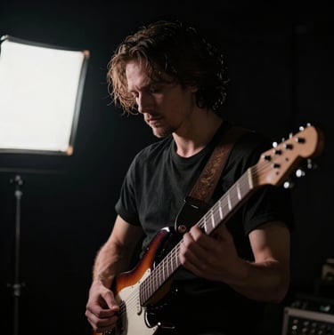 A dark, cinematic portrait of a guitarist from the side, illuminated by a single soft alabaster white light source, blending into deep obsidian black.