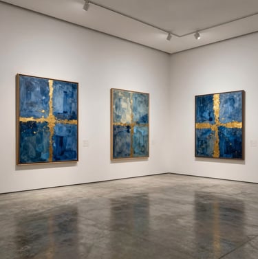 A clean, wide-angle interior photograph of a modern art gallery. Large format prints of abstract blue and gold textures are hung on soft off-white walls. Polished concrete floors reflect the slate teal tones of the art.