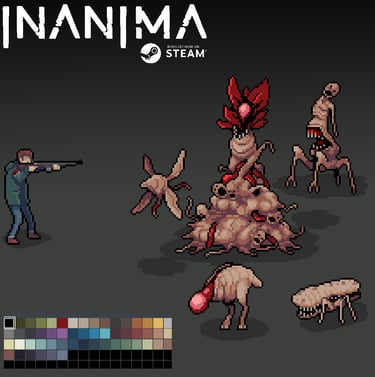 a person standing in front of a bunch of pixel art monster