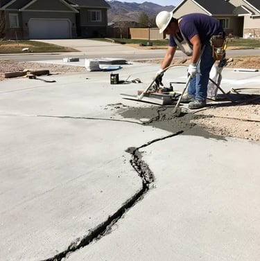 Concrete contractor repairing cracks in a residential driveway in Eagle Mountain, Utah