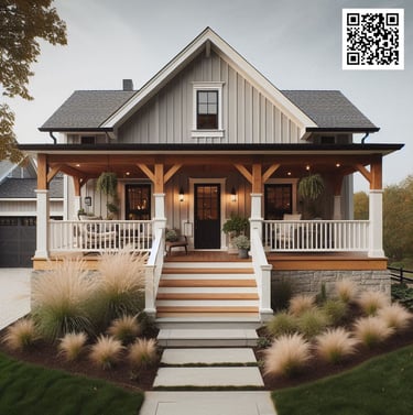Farmhouse, warm gray, neutrals, wood accents, gable accent, white trim