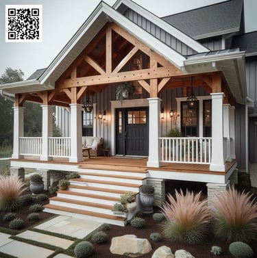 modern farmhouse, porch, portico, gable, wood beams, white accent, blue gray siding