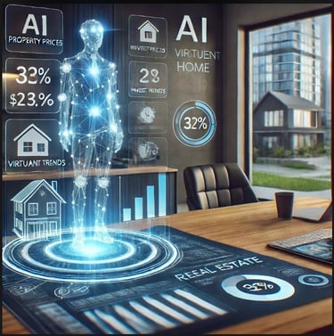 un agent immobilier moderne utilisant un hologramme d’IA pour analyser des prix et tendances du marché