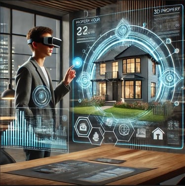 un acheteur utilisant des lunettes intelligentes pour explorer une visite virtuelle en 3D, avec un assistant IA fournissant d