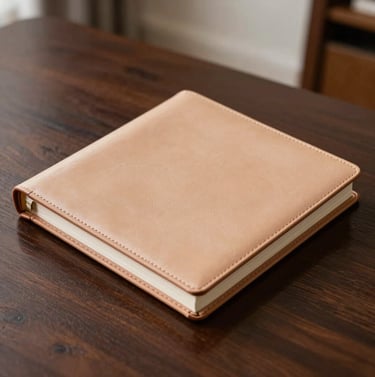 A detailed photography shot of a high-end, leather-bound photography album resting on a dark chocolate wooden table in a well-lit North American home. The cover is a soft sand color. Focus on the texture of the leather. Elegant, warm atmosphere.