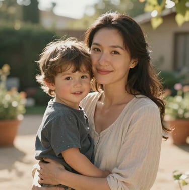 A beautiful cinematic portrait of a mother and child in a sun-drenched North American / US garden. The lighting is soft and golden. Soft Sand and Terracotta colors in the surroundings. High-quality photography focusing on genuine human connection.