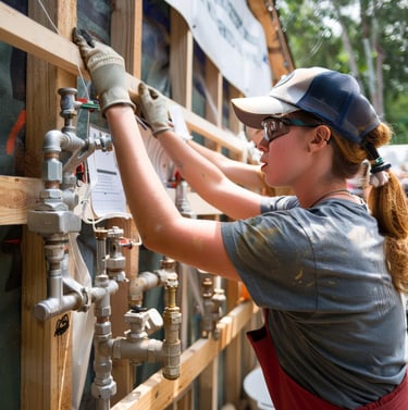 femme plombier travaillant sur la création d'un réseau gaz