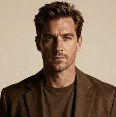 A vertical poster featuring a cinematic portrait of a man in shadow, styled with a Warm Bronze tint. Minimalist composition, professional lighting.