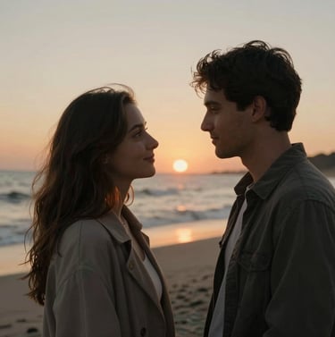A soulful, candid portrait of a couple looking at each other, captured in the warm light of a North American coastal sunset. The composition is intimate and cinematic, emphasizing genuine connection and storytelling, with a soft sand and charcoal color palette.
