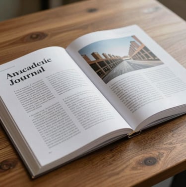 An open academic journal on a wooden table, showcasing a layout of text and architectural photography. The paper is mist white with charcoal black typography. Soft natural light.