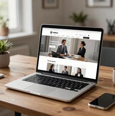 A sleek modern laptop displaying a professional e-commerce website design, sitting on a wooden desk in a bright International / Western home office.