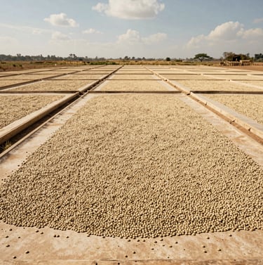 Photography of coffee beans spreading out on wide drying beds under a bright South American / Latin sky, geometric rows, warm cream and sand colors, sophisticated rustic style.