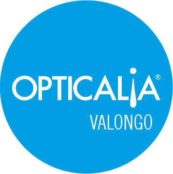 Opticalia Valongo logo featuring white text on a circular blue background for local eyewear and eye care services.