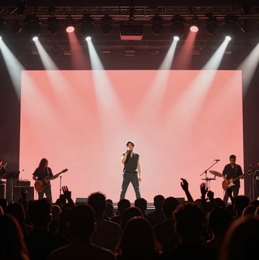 Live concert photography of a singer on a small South American stage, dark silhouettes of the crowd in the foreground, vibrant stage lighting in salmon pink and off-white.
