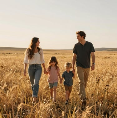 A candid and artistic photograph of a family walking through a golden North American / US meadow. The lighting is warm and joyful, capturing authentic human connection with professional clarity and soft off-white highlights.