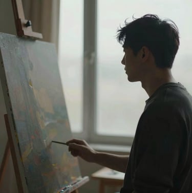 A soft-focus photograph of the artist looking at the painting from a distance. The artist is silhouetted against a large window with #F9F8F7 light streaming in. The mood is deeply personal and reflective.