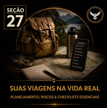 Capa da “Seção 27 - Suas Viagens na Vida Real”, com fundo preto e detalhes dourados.
