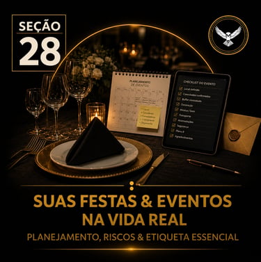 Capa da “Seção 28 - Suas Festas e Eventos”, com fundo preto e detalhes dourados.