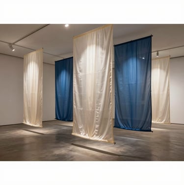 A wide-angle shot of a gallery installation in an East Asian / South Asian influenced for a global luxury audience city. Large panels of translucent ivory and indigo blue silk hang from the ceiling, illuminated by soft spotlights to create a cinematic atmosphere.