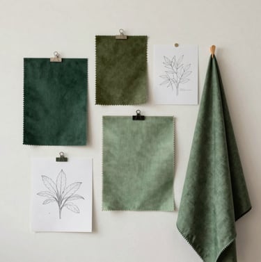 Lifestyle photography of a clean studio space in Brazil. A mood board on an off-white wall features swatches of dark green, olive green, and light green fabrics alongside minimalist sketches. Professional, artistic, and organized.