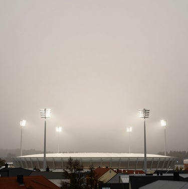 Minimalist full-bleed shot of the stadium lights cutting through a misty night in a Northern European city. The composition is clean, with generous off-white space in the sky.