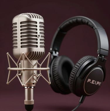 A close-up of professional studio equipment including a vintage microphone and high-end headphones, set against a dark #3D2C20 background. The equipment reflects a soft #F5F5EB light, symbolizing the premium quality and artistic depth of P.E.P YLS's production.