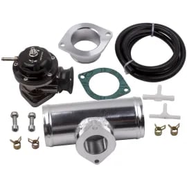 Universal adjustable turbo blow off valve kit with aluminum pipe, flange, and vacuum hose for car engine tuning.