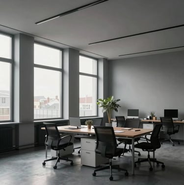 Full-room interior shot of a contemporary Central European / German office space, minimalist design with medium grey accents and large windows, soft morning light.