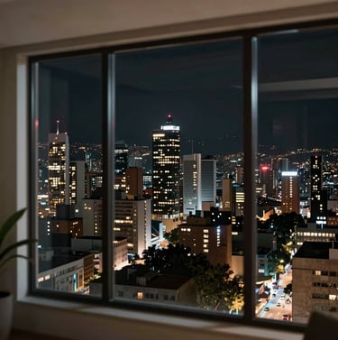 A night view of the Bogotá skyline through a modern studio window. Cinematic atmosphere with light off-white city lights and deep black sky.