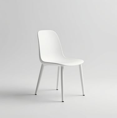 A single high-end minimalist chair in a white studio. Clean lines, soft gray shadows. Minimalist Apple-inspired photography. Plenty of negative space.