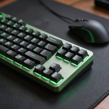 Macro photography of a mechanical keyboard and professional mouse on a dark desk. A soft neon green glow illuminates the edges of the hardware. The atmosphere is pragmatic and focused, South American / Brazilian professional setting.