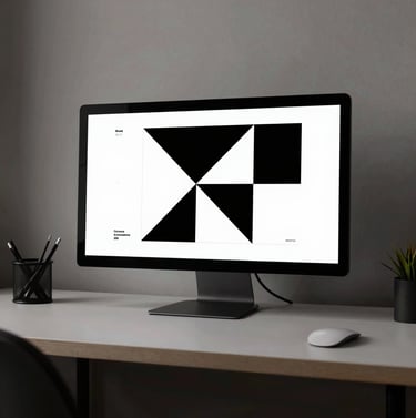 Interior shot of a minimalist design studio in Brasilia, featuring a clean desk with a single monitor displaying a geometric brand manual in black and white.