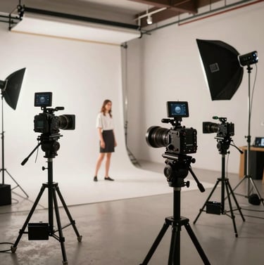 Wide shot of a professional photography set in a Brazilian studio, showing cameras and lighting equipment with a model in the background, clean and modern production vibe.