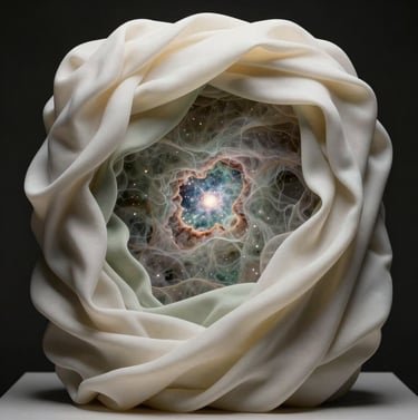A cinematic shot of a sculpture made of layered off-white and pale sage silk, illuminated from within to reveal a complex internal structure reminiscent of a star nebula.