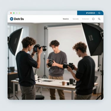 Detr3s de c3maras en una sesi3n de fotos de la agencia. Se ve un fot3grafo trabajando y un set iluminado profesionalmente. Ambiente de trabajo en3rgico pero ordenado y elegante. Colores de marca #1A5E63 presentes en el equipo t3cnico.