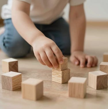 A personal, authentic shot focusing on a child's hands playing with wooden blocks on an oak floor. The lighting is warm and cinematic, featuring a soft #F9F6EE and #8D6B5F palette.